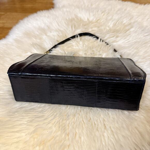 Vintage 50s 60s Black Lizard Top-handle Structured Purse Luxury Handbag MCM Glam - Picture 5 of 16